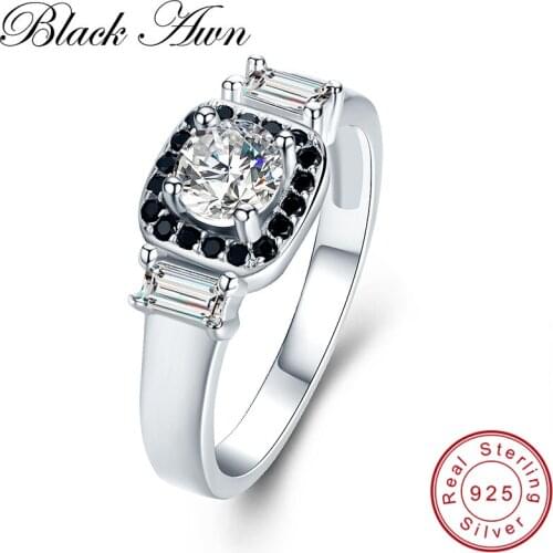 [BLACK AWN] 3.2g 925 Sterling Silver Fine Jewelry Wedding Rings for Women Black&White Stone Engagement Ring C414