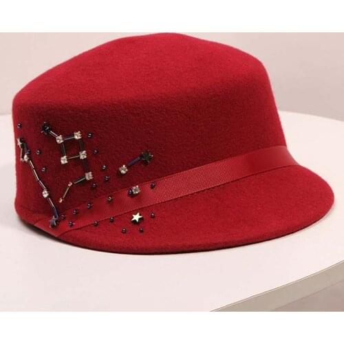 Fibonacci Winter 100% Wool Equestrian Cap British Flat Top Hat Wild Retro Knight Hat Female Fashion Peaked Cap Military Cap