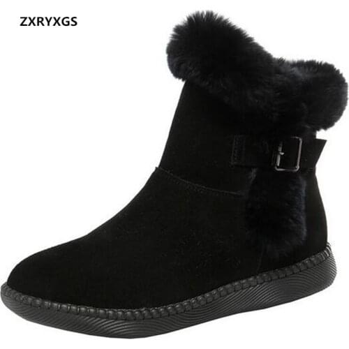 ZXRYXGS Top Frosted Cowhide Snow Boots for Women Leather Shoes 2021 Large Size Soft Sole Comfort Warm Boots Flat Winter Boots