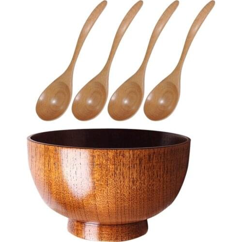 1x Wooden Bowl for Rice Soups Desserts Ice Cream 11X7cm & 4 Pcs Wooden Spoons Soup Spoons Natural Wooden Spoons