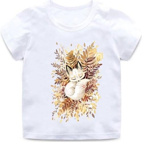 Childrens Pajamas Print Cartoon T-shirt Boys Girls Casual Cute Fox Short Sleeve Tops Childrens Funny White Round Neck Cotton