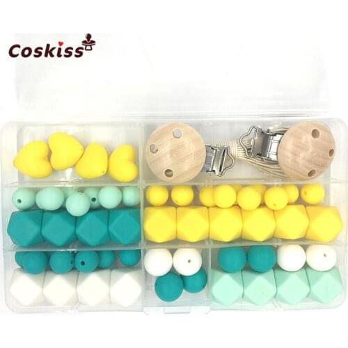 Baby Teether Toys Silicone Teething Kit Geometric Hexagon Silicone Wooden Pacifier Clip Teething Beads DIY Nursing Necklace