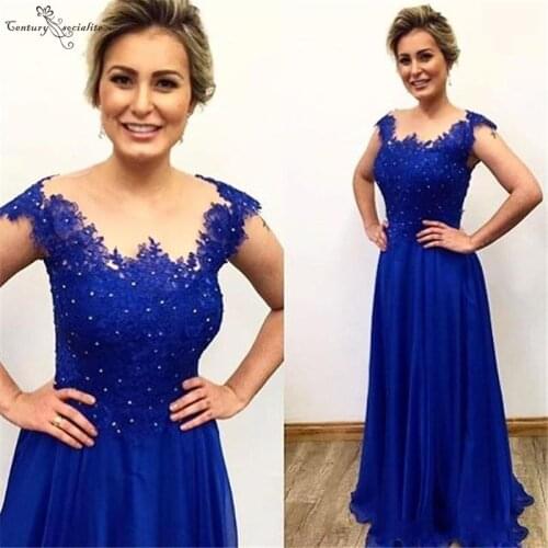 Royal Blue Long Mother of The Bride Dresses 2020 Cap Sleeves Lace Appliques Crystal Chiffon Mother Evening Formal Party Gowns
