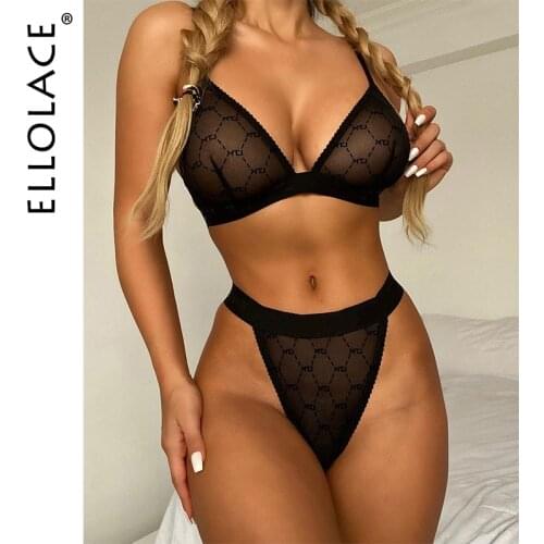 Ellolace Sexy Lingerie Set Woman 2 Pieces Mesh Bra and Thongs Black Brief Sets Womens Underwear Wireless Lingerie Sexy