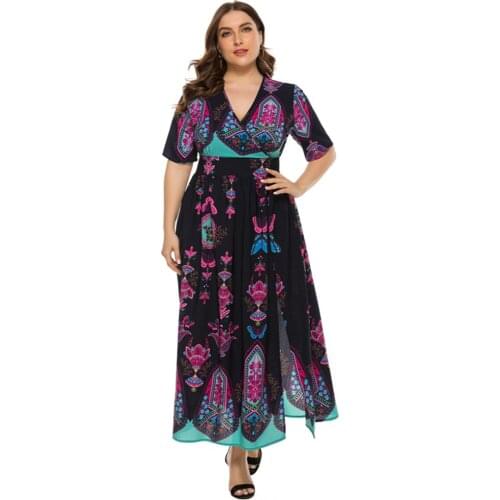 2021 Hot Sale European And American Style V-Neck Plus Size Printed Bohemia Summer Dresses For Women
