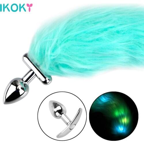IKOKY Slave Cosplay Tail Bright Anal Plug Sex Toys for Women Erotic Luminous Blue Fox Tail Butt Plug Sexshop Adult Games