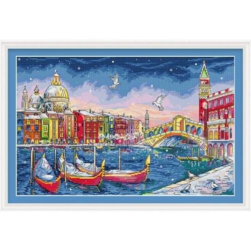 DIY Stamped Printed Cross Stitch Kit,Sets For Embroidery Cross-Stitching Cotton Venice by Night