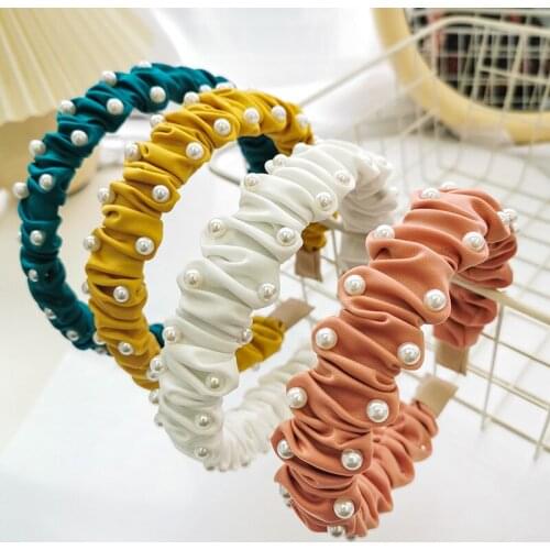 Oaoleer Pearl Pleated Headband Solid Color Satin Headbands Pleated Hairband Spring Casual Adult Hairband Turban Hair Accessories