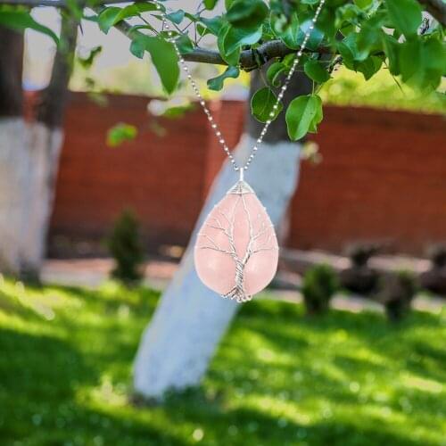 Tree of Life Necklace Natural Stone Pendant Wire Wrap Gem Quartz Tiger Eye Suspension Women Men Fashion Charms Jewelry Decor