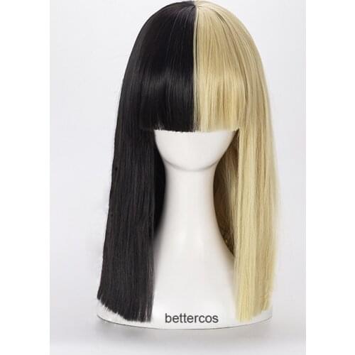 SIA Cosplay Wig Short Straight Flat Bangs Half Black and Blonde Heat Resistant Synthetic Hair Wig + Wig Cap + Big Bowknots
