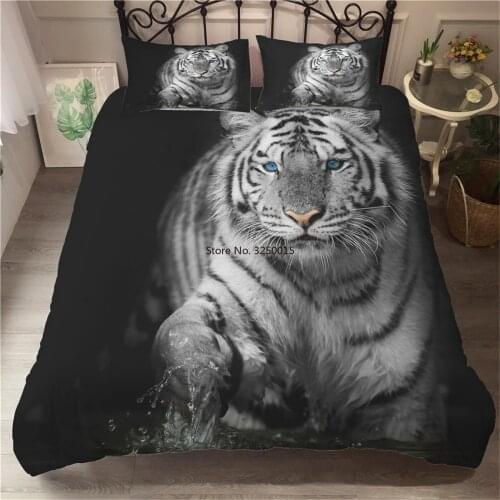 White Tiger Duvet Cover 2-3Pcs Wild Animal Bedding Microfiber Bedspread Single Double Boys Home Bed Pillow Sets Black Background