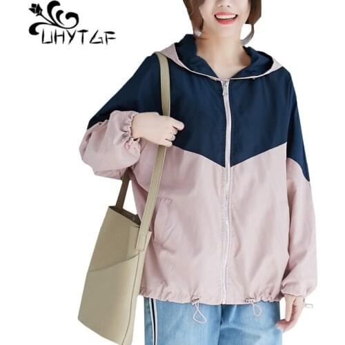 UHYTGF Casual autumn winter jacket womens loose Plus size Sports jacket Fashion Hooded student windbreaker outerwear Female 1464