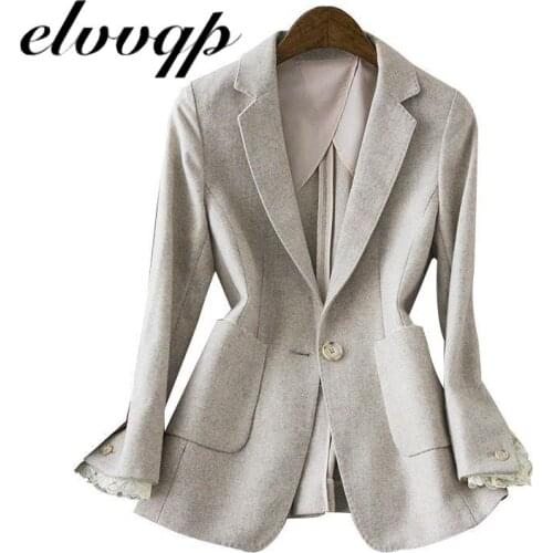 Casual Fashion Women Blazers Long Sleeve Designer Lace Patchwork Woolen Blazer Coat Female Jacket Elegant Office Work Tops