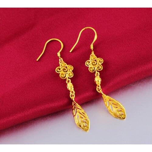 Fishhook Leaf Earrings Yellow Gold Filled Simple Womens Drop Earrings Wedding Party Jewelry Gift