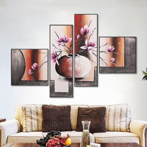 Modern 4 Panels Flowers Oil Painting 100% Hand Painted On Canvas Handmade Wall Art Painting For Living Room Home Decoration