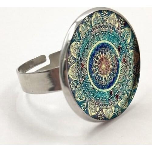 Vintage Buddhist chakra glass round ring, Om Indian yoga mandala wearing jewelry ring