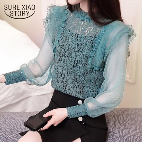Spring Female Temperament Lantern Sleeve Lace Bottoming Hollow Women Long Sleeve Blouses and Tops Chiffon Women Shirts 7954 50