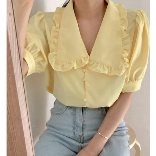 Korean Chic Sweet Solid Woman Shirt Short Sleeve Blusas Turn-down Collar Chiffon Tops Female Fashion Casual Ladies Blouses 14142
