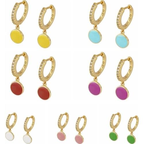 925 Sterling Silver Ear Buckle Enamel Colorful Pendant Hoop Earrings For Women 7 Color Geometric circle Earrings Trend Jewelry