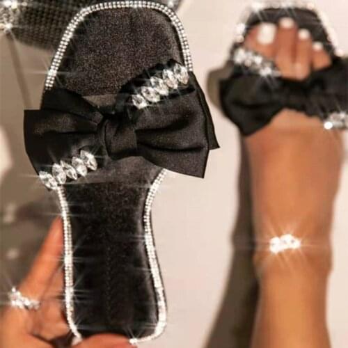 2021 Women Butterfly-knot Crystal Silk Slipper Female Summer Beach Fashion Rhinestone Slides Ladies Casual Solid Flat Plus Size