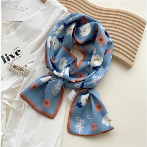 2021 New Summer Autumn Womens Long Skiny Hair Satin Scarf Square Women Flower Florals Printed Bag Handle Scarfs Scarves