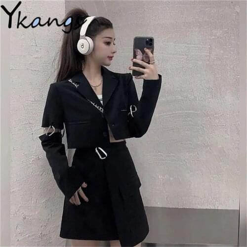 Dark Style Cool Suit Two Piece Set Black High Waist Irregular A-Line Skirt+Splicing Sleeve Sexy Tops Gothic WomenS Streetwear