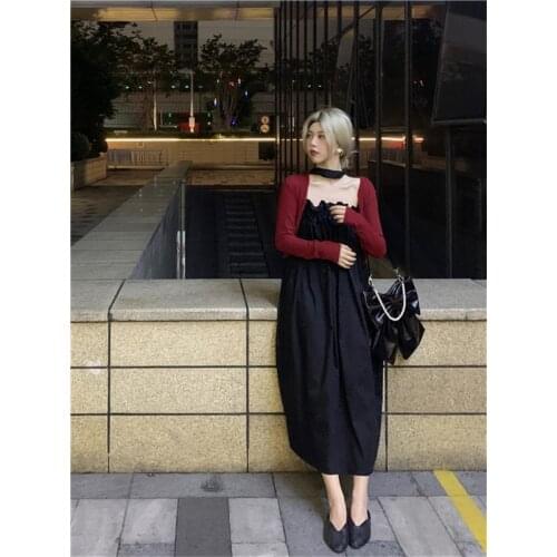 2021 Summer New Retro Design Sense Long Dress Ladies Clothes Sannian Black Breasted Strapless Hanging Neck Dress Women