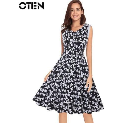 OTEN 2018 summer bowknot print Vintage 50s 60s Rockabilly pin up Elegant sleeveless V-Neck A-Line Knee-Length retro party dress