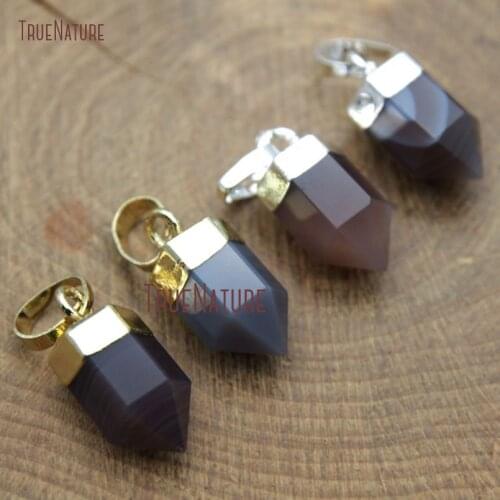 Gold Silver Electroplated Charm Prism Hexagon Pencil Point Simple Design Necklace Pendant Botswana Agates In 15*7 mm PM9803