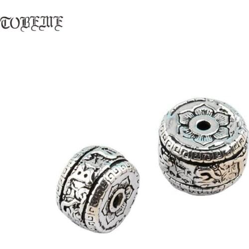 100% 925 Silver Tibetan Six Words Beads 925 Sterling Buddhist OM Mantra Beads DIY Bracelet Lucky Loose Beads Jewelry Findings