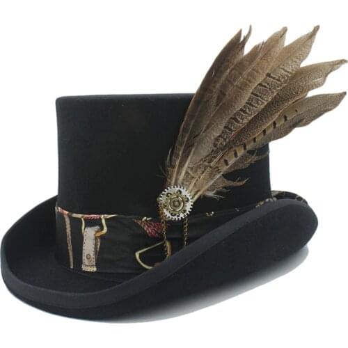 17CM(6.7inch) Steampunk Top Hat / Victorian Handmade Leather Wool Fedoras Hat / Cylinder Hat/ Chimne Dropshipping