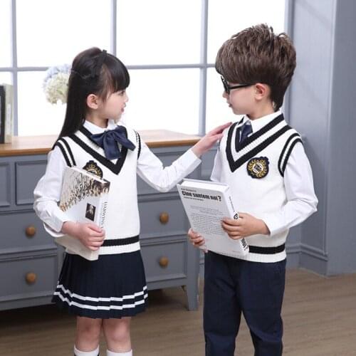 Kids School Uniform Children 4pcs School Wear Japanese Sweater Jacket Student British Outfits Kindergarten Uniform D-0517