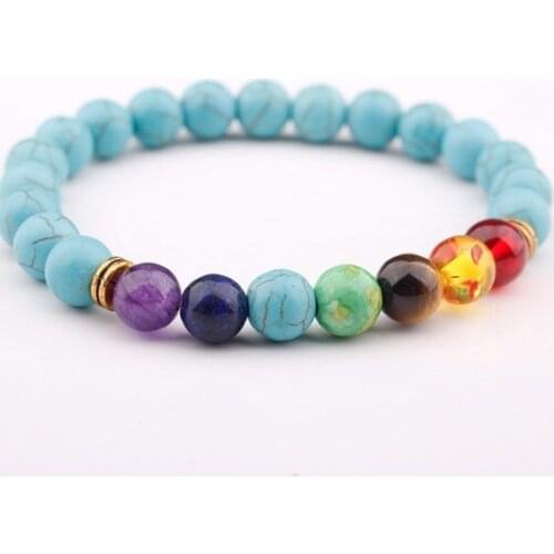 8mm turquoise multicolor Agate Chakra Healing Reiki Buddha Yoga Bracelet elastic adjustable black Volcanic Stone Bangles x2f