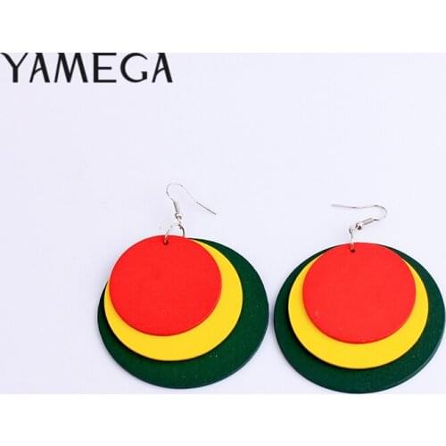 YAMEGA Big Round Natural Wooden Multilayer Earrings Muticolor Africa Drop Earrings For Women Lady Girls