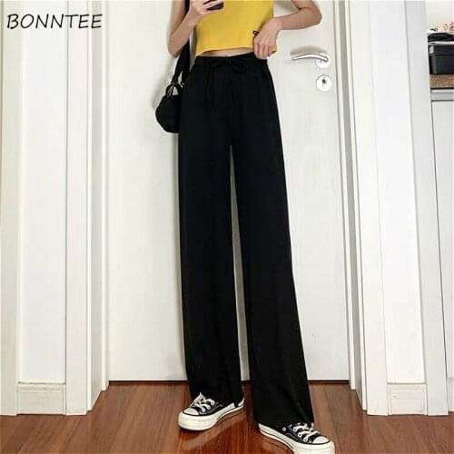 Wide Leg Pants Women Ins Simple Fashion High Elastic Waist Femme Full Length Trousers Summer All-match Leisure Chic Girls Capris