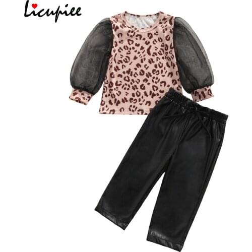 1-5 Years Print Leoprad Newborn 2 Pieces Kids Suit Set, Leopard Print O-neck Long Sleeve Pullover+ Solid Long Pants for Toddler