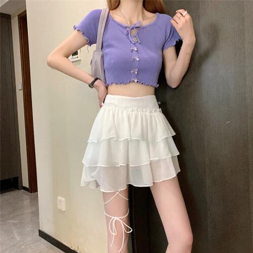 Summer Korean Fashion Y2k Short Women Skirt Casual Slim Elastic High-Waisted Bandage Harajuku Pleated Cupcake A-Line Mini Skirts