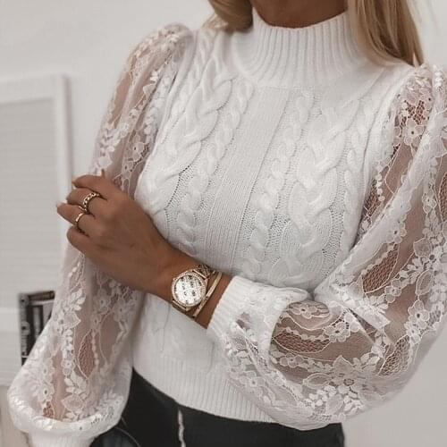 Fashion New Women Knitted Sweater Elegant Turtleneck Long Sleeve Female Sweaters Sexy Lace Lantern Sleeve Lady Slim Sweater