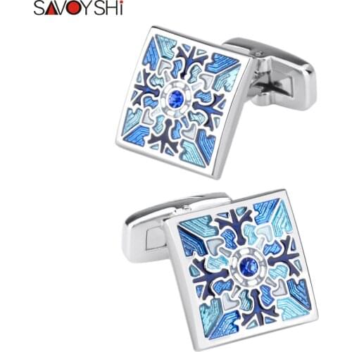 SAVOYSHI Square Pattern Cufflinks for Mens Shirt Buttons High Quality Blue Enamel Cuff links Wedding Gift Free engraving name