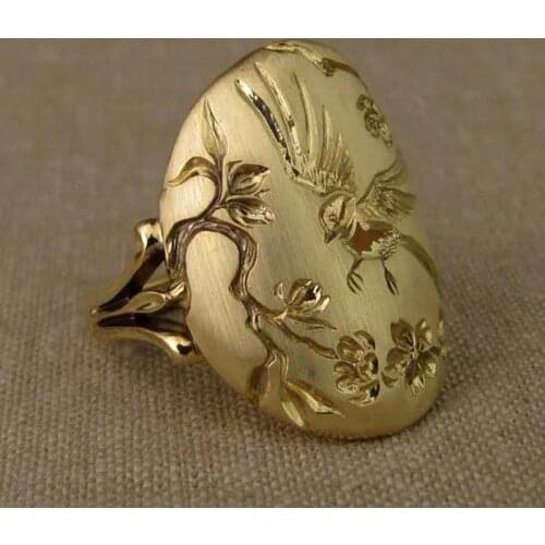 New Vintage Golden Bird Flower Branch Engraving Ring For Men Women Creative Dance Party Anniversary Jewelry Anillos Gift J4M860