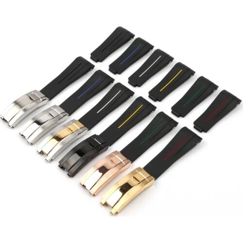 20mm Black Curved End Silicone Rubber Watchband For Rolex Daytona Submarine GMT Watch Strap Bracelet Glidelock Folding Buckle