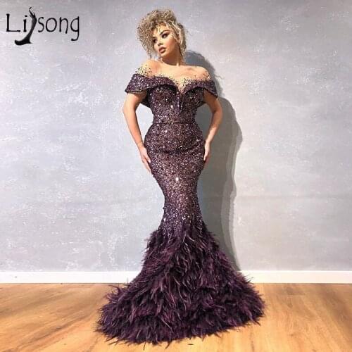 Luxury Feather Mermaid Prom Dress 2020 Bling Bling Beaded Sequins Off Shoulder Formal Party Gowns Mermaid Evening Dresses
