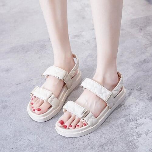 Women Leather Sandals 2021 Summer Fashion Thick Platform Heels Girls Sports Female Outside Leisure Shoes Beige Black