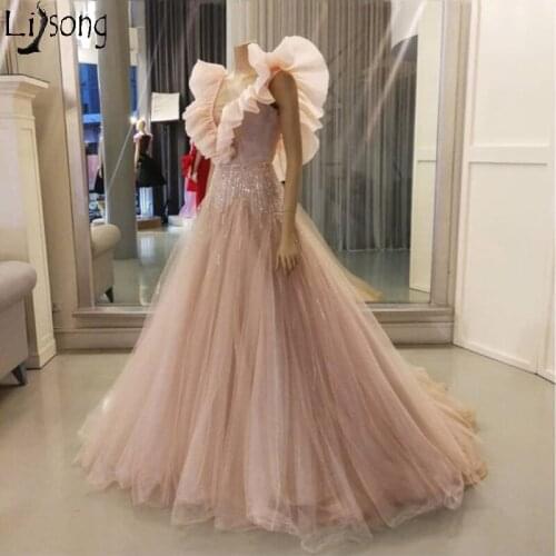 Chic Long Prom Dresses 2020 Ruffles V Neck Beading Evening Dress Dusty Pink Vestidos Puffy Ball Gown Dress Plus Size Custom Made