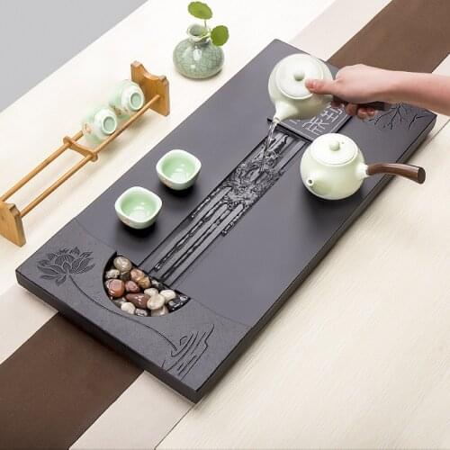 Heavy stone tea tray weighted tea table water draining function serving trays for kungfu tea set tea boat lotus carve ZM222