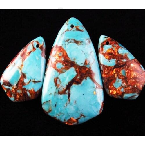 Gorgeous Intriguing Fashion 3pcs Blue Turquoises & Gold Copper Bornite Stones Inverted Triangle Teardrop pendant bead DHS21
