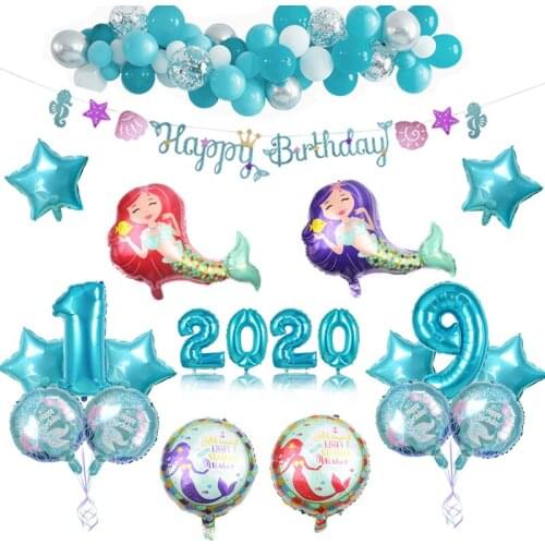 1set Ocean Theme Party Ornament Mermaid Balloon Happy Birthday Banner 32inch Number Foil Balloons For Baby Shower Decor Supplies