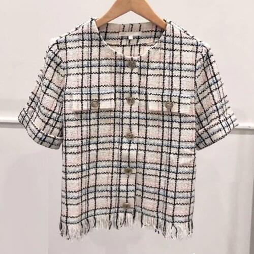 Womens short-sleeved plaid woven jacket office ladies clothes pocket French brand elegant commuter womens jacket 2021 new