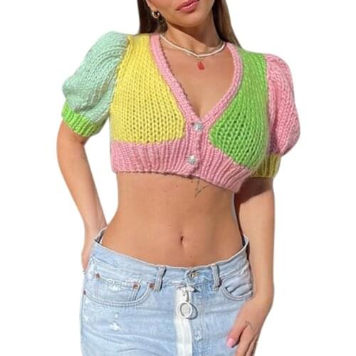Women Puff Short Sleeve Crop Top Sexy Deep V-Neck Button Knit Sweater Cardigan Harajuku Color Block Patchwork Slim Shirt