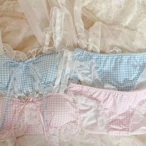 Womens Lingerie Japanese Cute Cotton Plaid Bralette Set Lace Underwear Women Lolita Girl Teens Wire Free Thin Bra and Panty Set